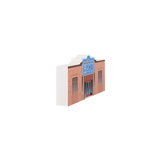 3/4" wooden replica with an illustration of a brick building with a blue sign on a white background
