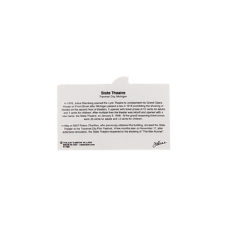 back of product with text about State Theatre on a white background