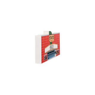 3/4" wooden replica with an illustration of a theater with 'State Theatre' branding on a white background