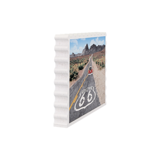 3/4" thick wooden model postcard of a desert road with 'Route 66' sign on a white background
