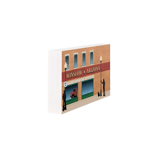 3/4" thick wooden Model of a building facade with 'Winslow, Arizona' sign on a white background