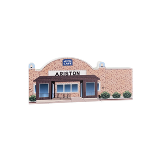 3/4" thick wooden Model of a brick building with 'Ariston Cafe' sign on a white background