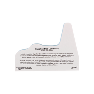 back of product with text about the cape san blas lighthouse