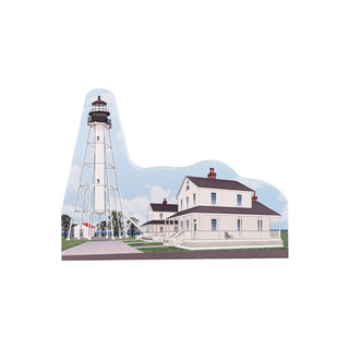 3/4" thick wooden replica with an Illustration of a lighthouse design on a white background
