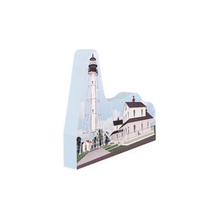 3/4" thick wooden replica with an Illustration of a lighthouse design on a white background