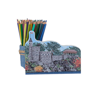 Pencil holder with colorful pencils featuring a 3/4" thick wooden cutout castle design on a white background