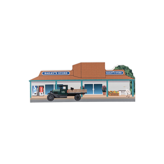 3/4" wooden replica with an illustration of a store called Bailey's Store with a red roof, bird and old vintage truck parked out front