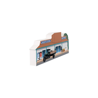 3/4" wooden replica with an illustration of a store called Bailey's Store with a red roof, bird and old vintage truck parked out front