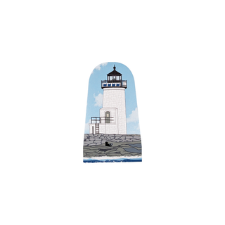 3/4" thick wooden replica with an Illustration of a lighthouse design on a white background