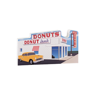 3/4" thick wooden Illustration of a donut shop with a vintage car in front on a white background