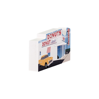 3/4" thick wooden model of a donut shop with a vintage car in front on a white background