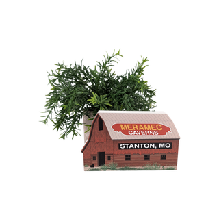 Decorative planter with a 3/4" thick wooden red barn design featuring 'Meramec Caverns Stanton, MO' text.