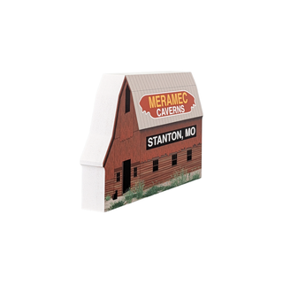 3/4" thick wooden model with a design of a barn and 'Meramec Caverns' text on a white background