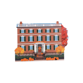 3/4" thick wooden Illustration of a brick building with decorative elements on a white background