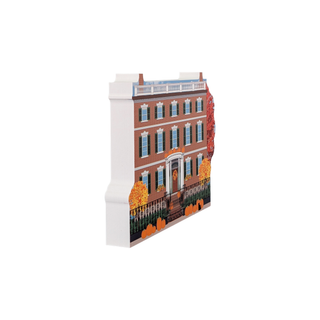 3/4" thick wooden Model of a brick building with white facade on a white background