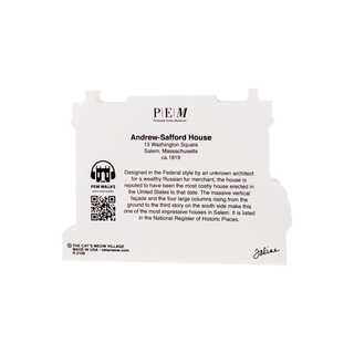 3/4" thick wooden replica of Andrew Safford House with PEM logo and text.
