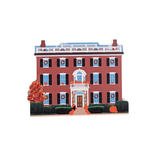 3/4" thick wooden  model of a brick building with decorative elements on a white background