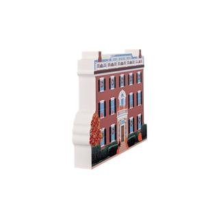 3/4" thick wooden  model of a building with a white base and red brick structure on a white background