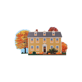 3/4" thick wooden Illustration of a yellow house with autumn trees on a white background
