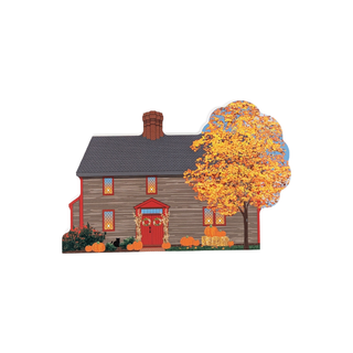 3/4" thick wooden Illustration of a house with a tree and pumpkins on a white background