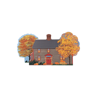 3/4" thick wooden Illustration of a house with autumn trees on a white background
