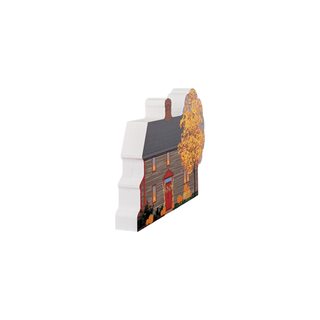 3/4" thick wooden  house model with a red door and autumn tree on a white background