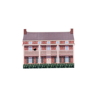 3/4" thick wooden illustration of a two-story brick house with a gray roof and green bushes in front on a white background.