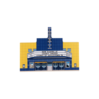 3/4" thick wooden illustration of county theater with a blue and yellow color scheme