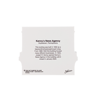 3/4" thick wooden model of Kenny's Book Store & News Agency with blue and white colors