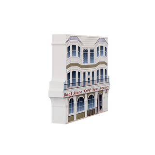 3/4" thick wooden model of Kenny's Book Store & News Agency with blue and white colors