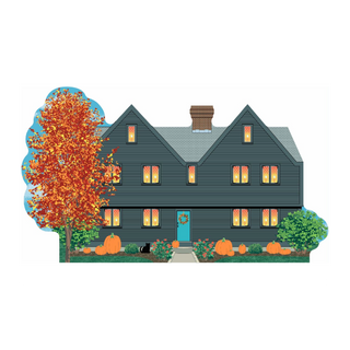 3/4" thick wooden Halloween-themed house with pumpkins, a tree, and a wreath on a white background