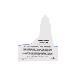 back of product  with text about Amelia Island Lighthouse on a white background