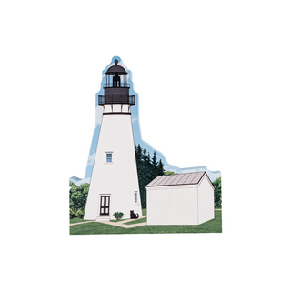 3/4" thick wooden replica with an Illustration of a lighthouse design on a white background