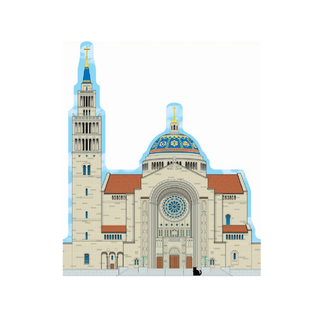 3/4" thick wooden Illustration of a cathedral with a tall tower and prominent rose window on a white background