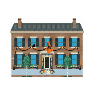 3/4" thick wooden replica of a Brick house with Halloween decorations, including a black cat in a window and a dog with a witch hat on a front porch.