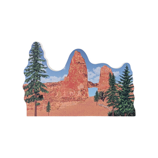 3/4" wooden cut out replica back of an illustration of a canyon with trees on a white background