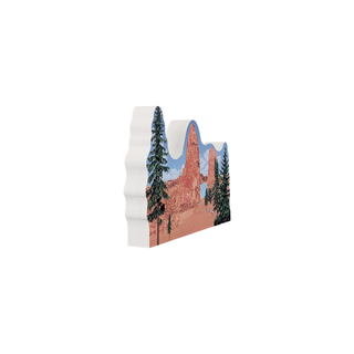 3/4" wooden cut out replica back of an illustration with a mountain and tree design on a white background