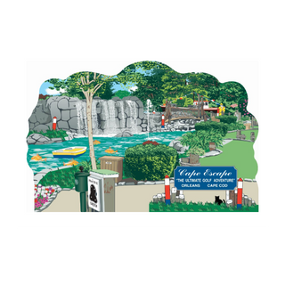 3/4" thick wooden handheld replica of a Golf course with water hazard and trees, featuring a sign for 'Cafe Esmeralda'.