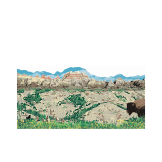 3/4" thick wooden cutout of Scenic landscape with mountains, grass, and animals in a natural setting