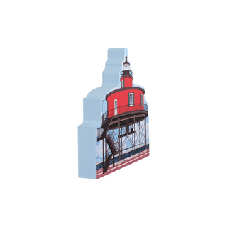 3/4" thick wooden replica with an Illustration of a lighthouse design on a white background