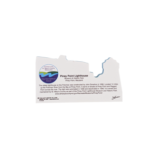back of product with text about Piney Point Lighthouse information on a white background