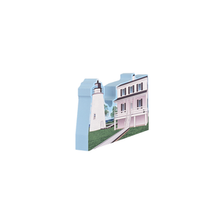 3/4" thick wooden replica with an Illustration of a lighthouse design on a white background