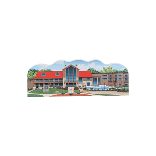 3/4" thick wooden illustration of a lodge on a white background