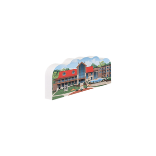 3/4" thick wooden illustration of a lodge on a white background
