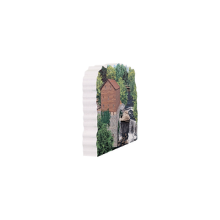 3/4" thick wooden illustration of a mill with scenery on a white background