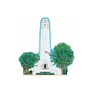 3/4" thick wooden Model of a tower with trees and a flag on a white background
