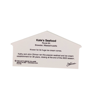 House-shaped 3/4" thick wooden model for Kate's Seafood with text on a white background