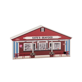 3/4" thick wooden model of Red seafood restaurant building with 'Kate's Seafood' sign on a white background