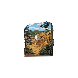 3/4" wooden replica with an illustration of a canyon with trees and blue sky.