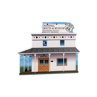 3/4" thick wood Model of a historic building with 'National Route 66 Museum' sign on a white background 